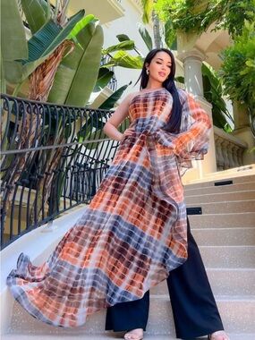 One-Shoulder Orange & Gray Plaid Chiffon Jumpsuit with Belt